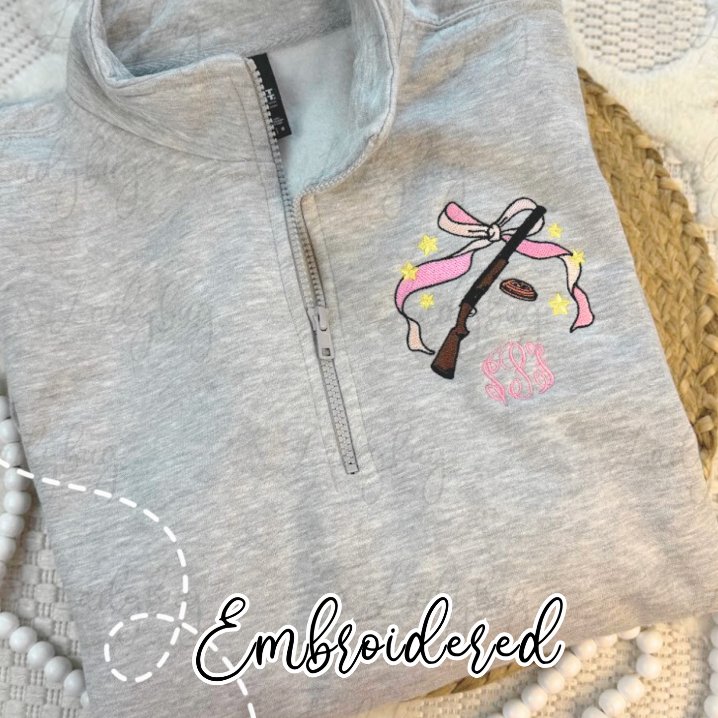 clay shooting sweatshirt, women’s shooting sports apparel, embroidered clay target top, shotgun sweatshirt for women, monogram shooting sportswear, sporting clays skeet trap sweatshirt, personalized shooter gift