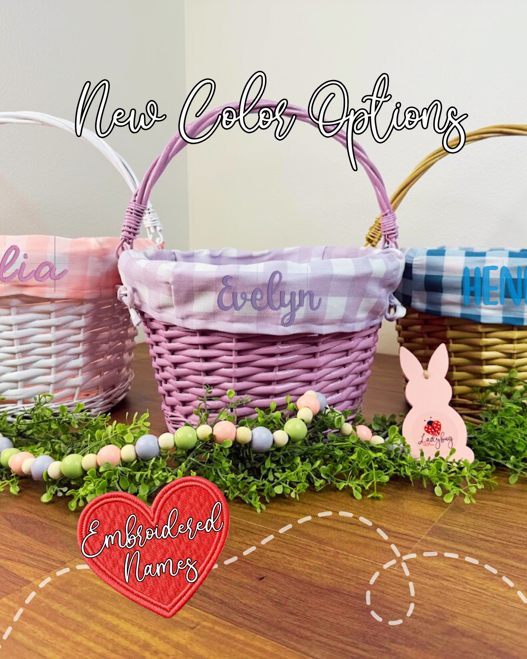Embroidered Personalized Easter Wicker Basket - Pink Plaid