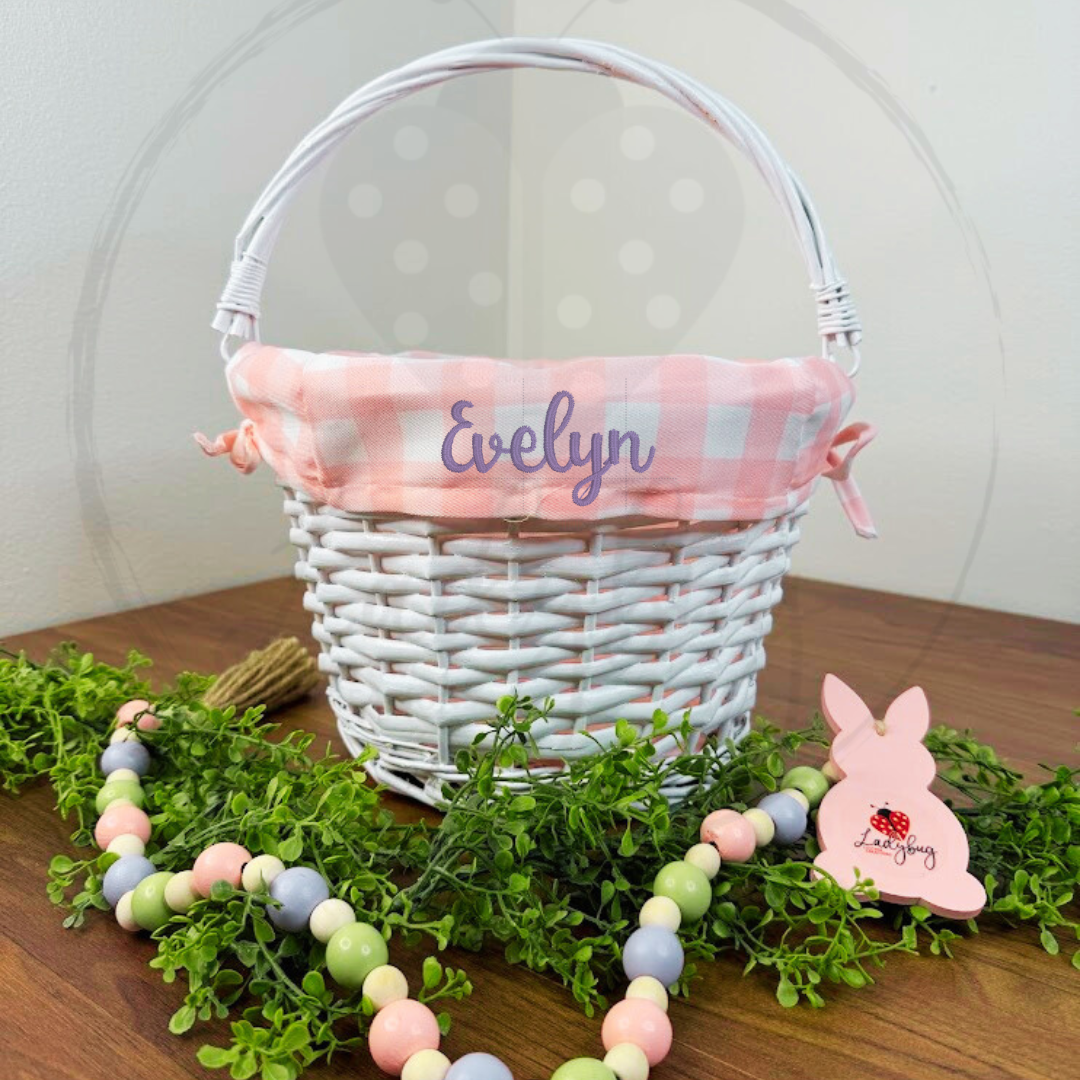 Embroidered Personalized Easter Wicker Basket - Pink Plaid