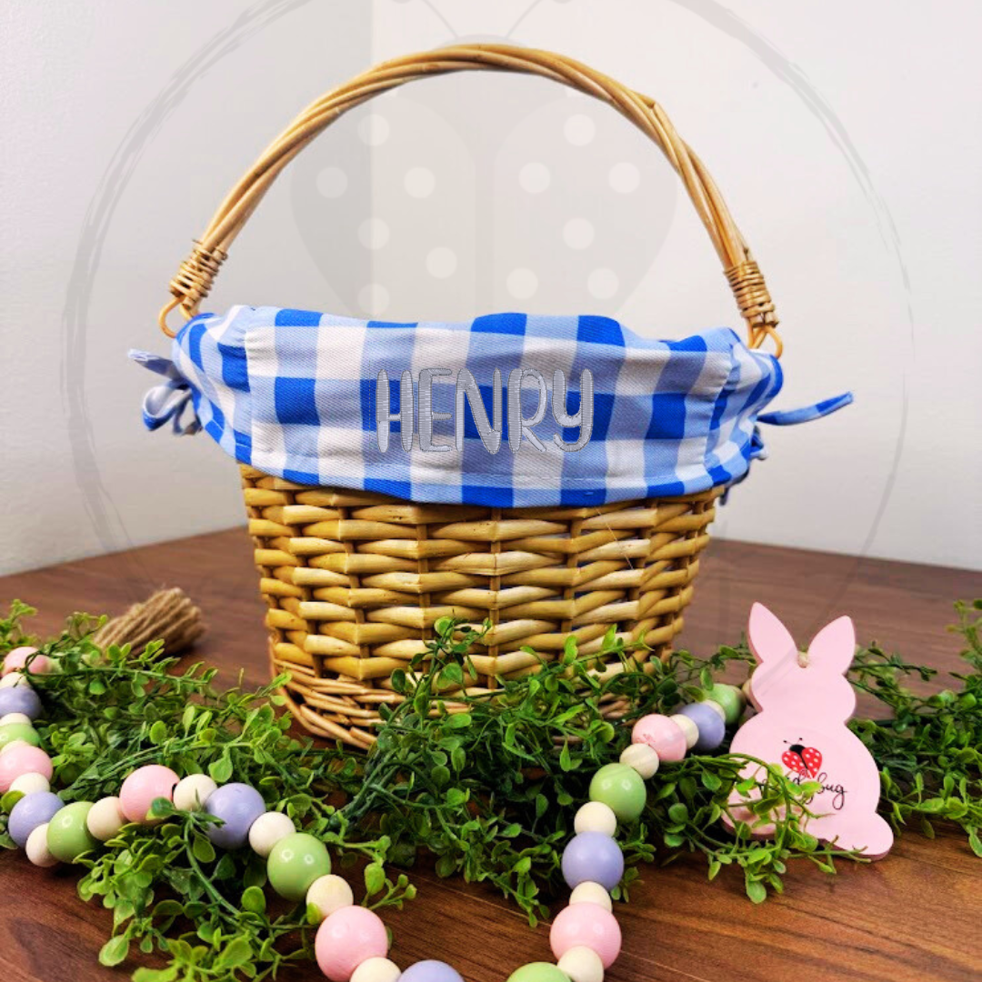 Embroidered Personalized Easter Wicker Basket - Pink Plaid