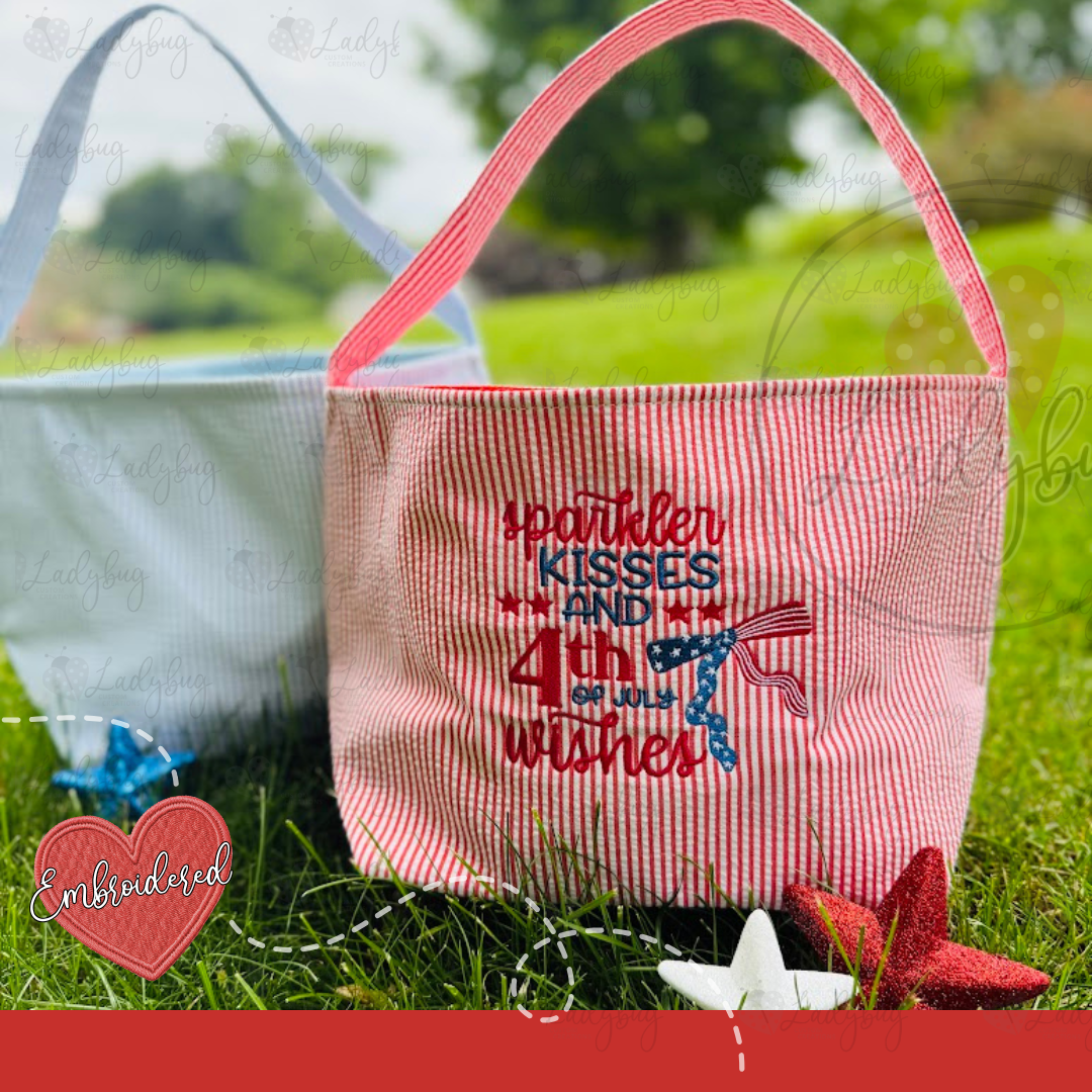 4th Of July Patriotic Seersucker Embroidered Parade Bucket Tote Bag