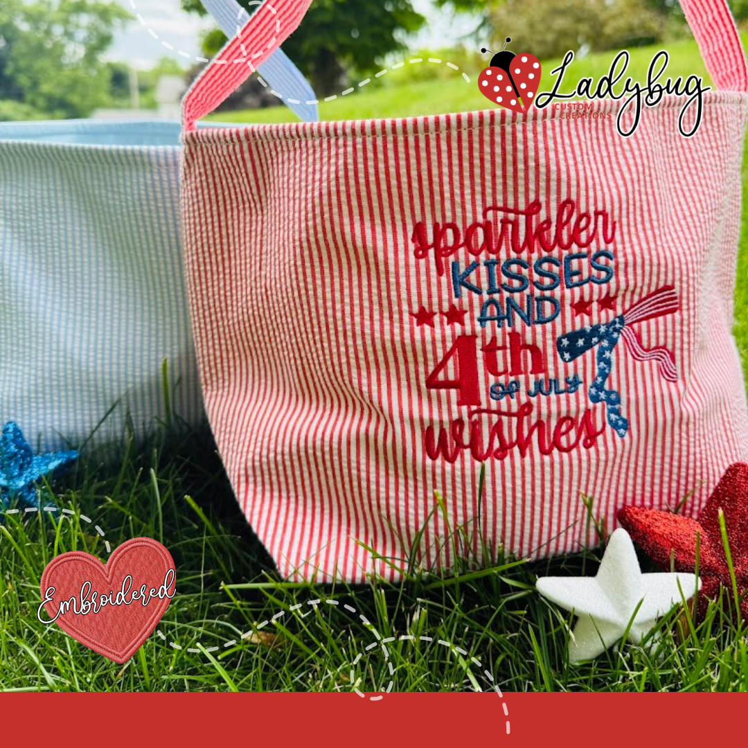 4th Of July Patriotic Seersucker Embroidered Parade Bucket Tote Bag