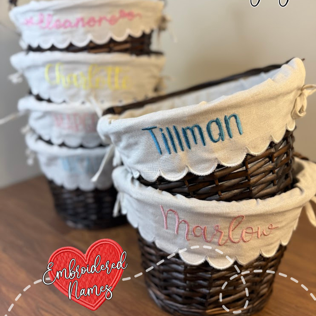 Embroidered Personalized Easter Wicker Basket with Bow Font