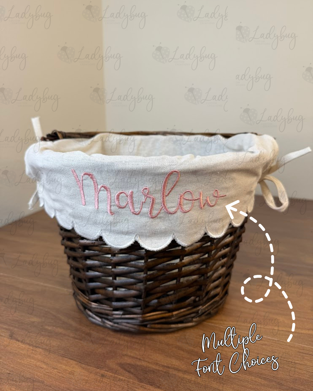 Embroidered Personalized Easter Wicker Basket with Bow Font