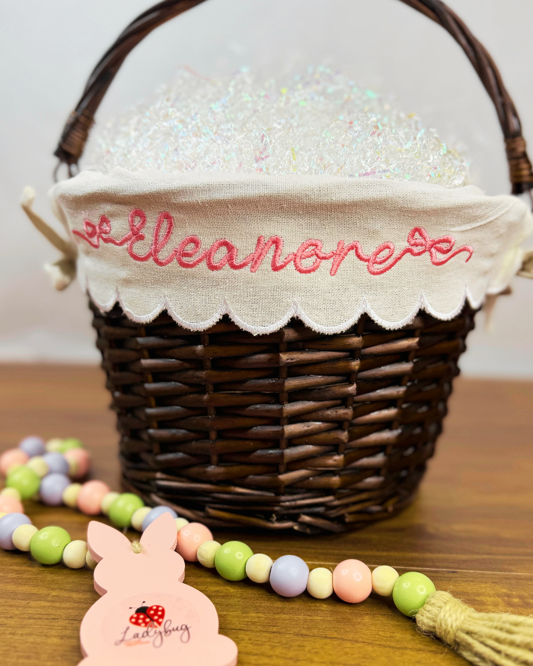 Embroidered Personalized Easter Wicker Basket with Bow Font
