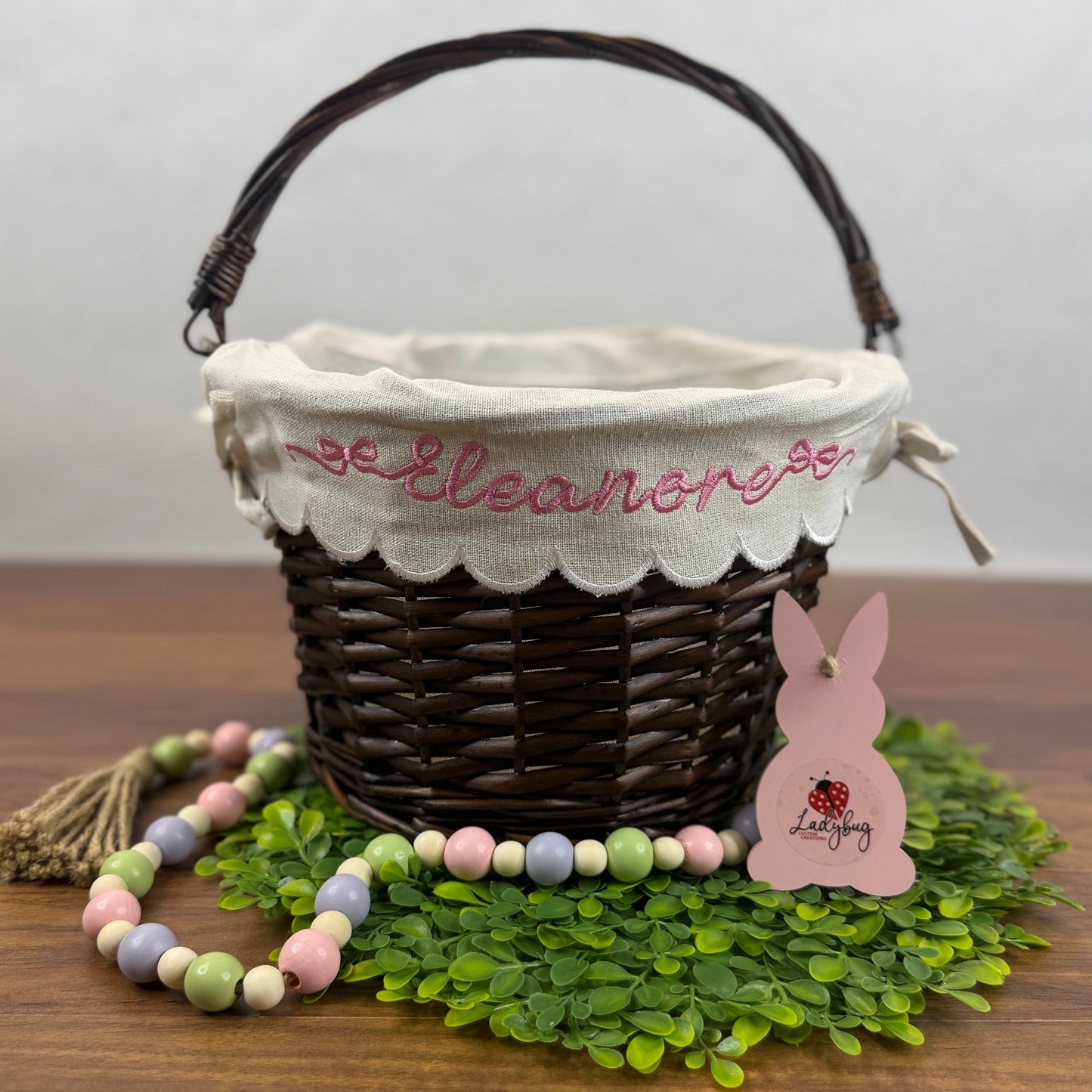 Embroidered Personalized Easter Wicker Basket - Pink Plaid