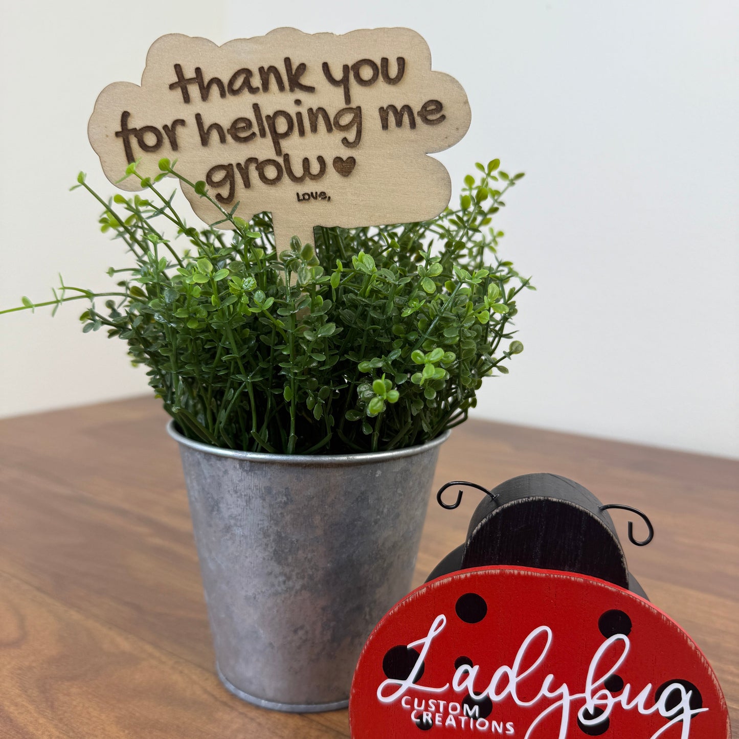 Teacher Plant Sign – “Thank You for Helping Me Grow” – Custom Wooden Plant Stake
