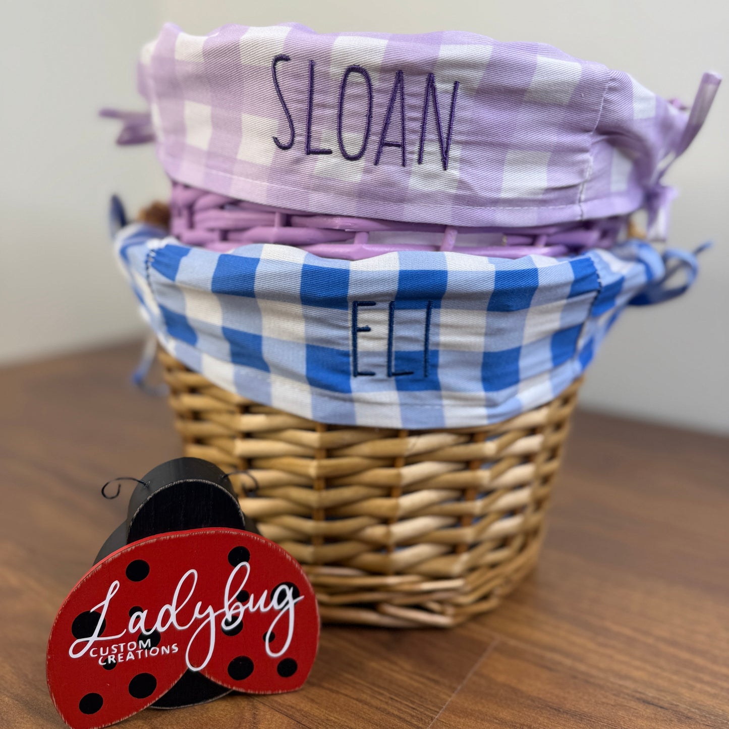 Embroidered Personalized Easter Wicker Basket - Blue Plaid