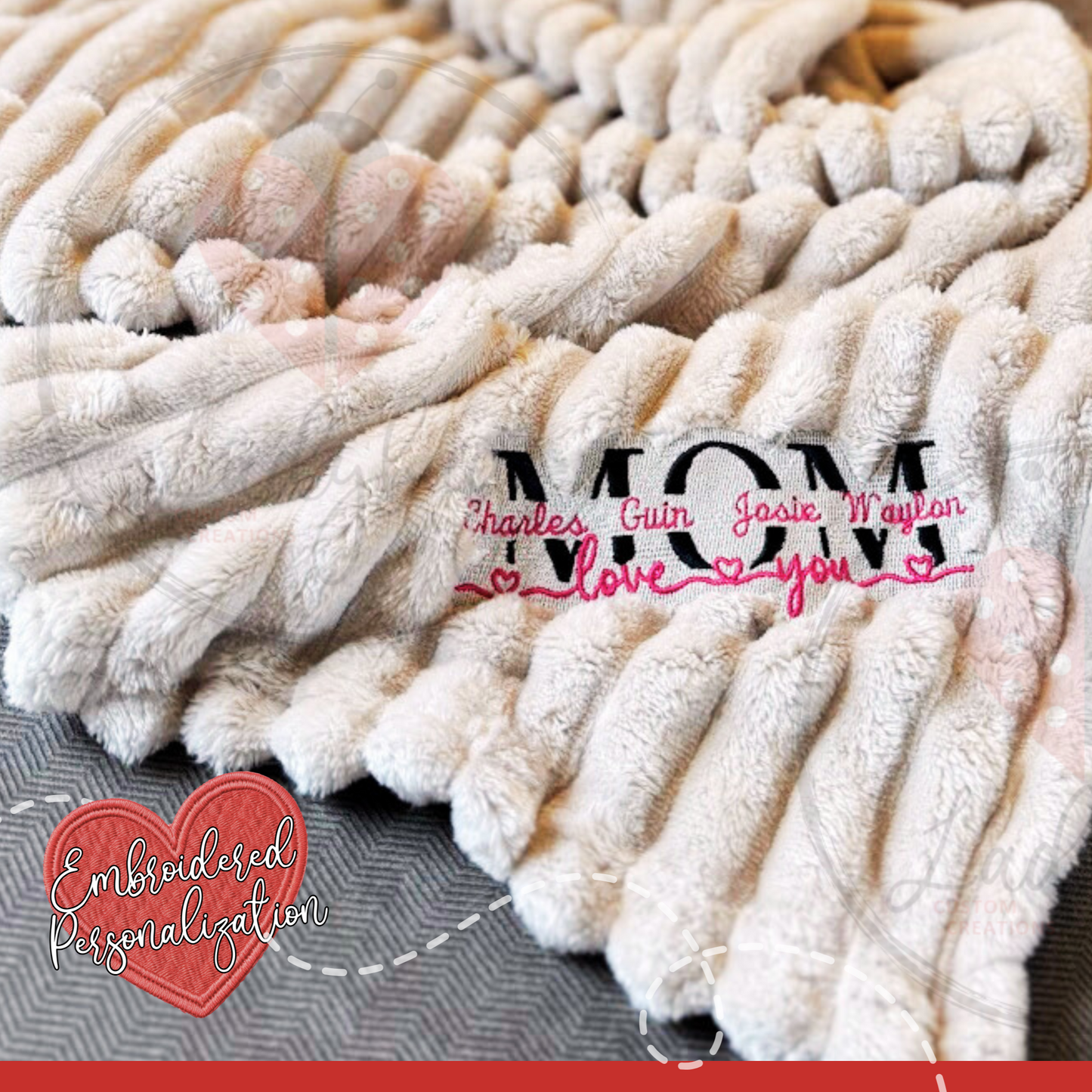 Personalized Plush Throw Blanket for Mom – Embroidered "Love You" Message with Custom Kids' Names & Soft Plush Fleece