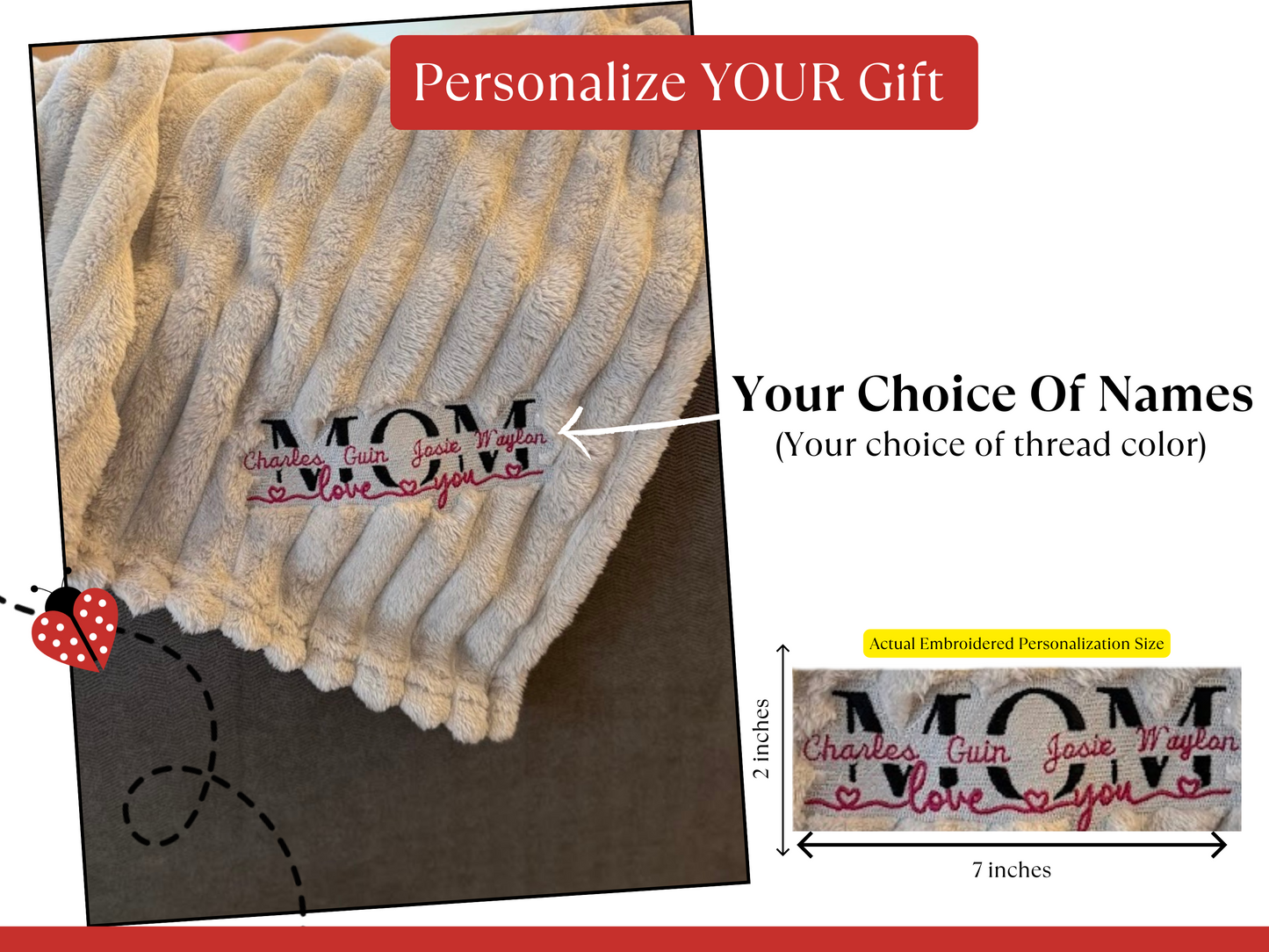 Personalized Plush Throw Blanket for Mom – Embroidered "Love You" Message with Custom Kids' Names & Soft Plush Fleece