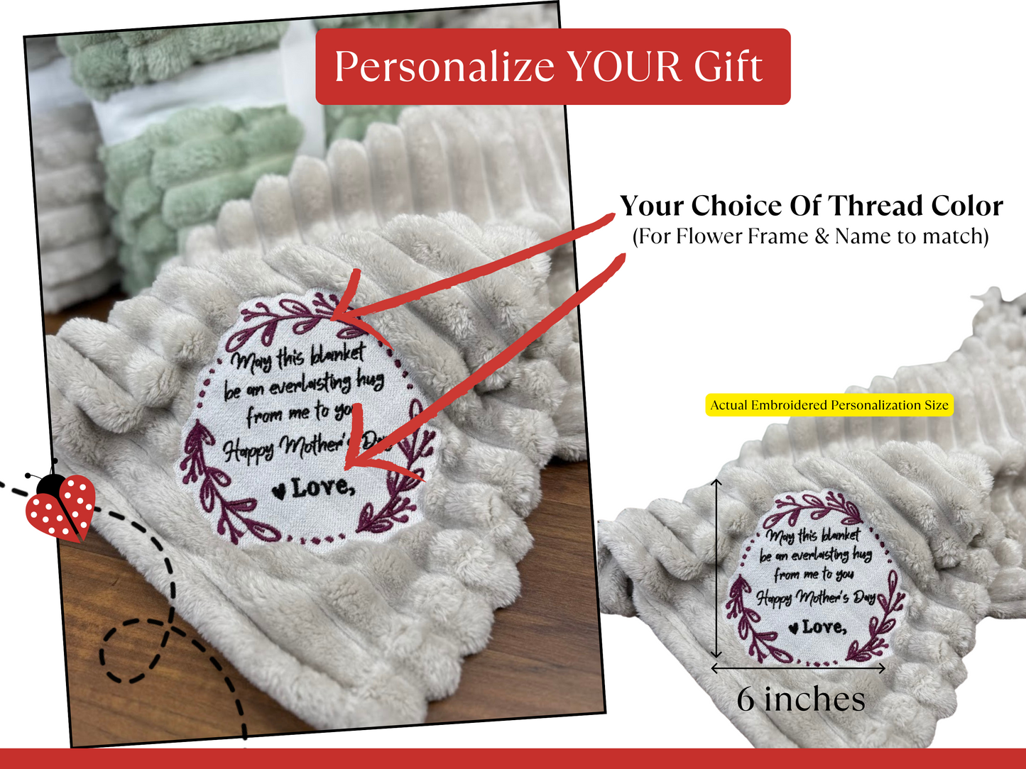 Personalized Mother’s Day Blanket – “Everlasting Hug” Embroidered Message – Custom From Name(s) & Floral Thread Colors – Cozy Gift for Mom