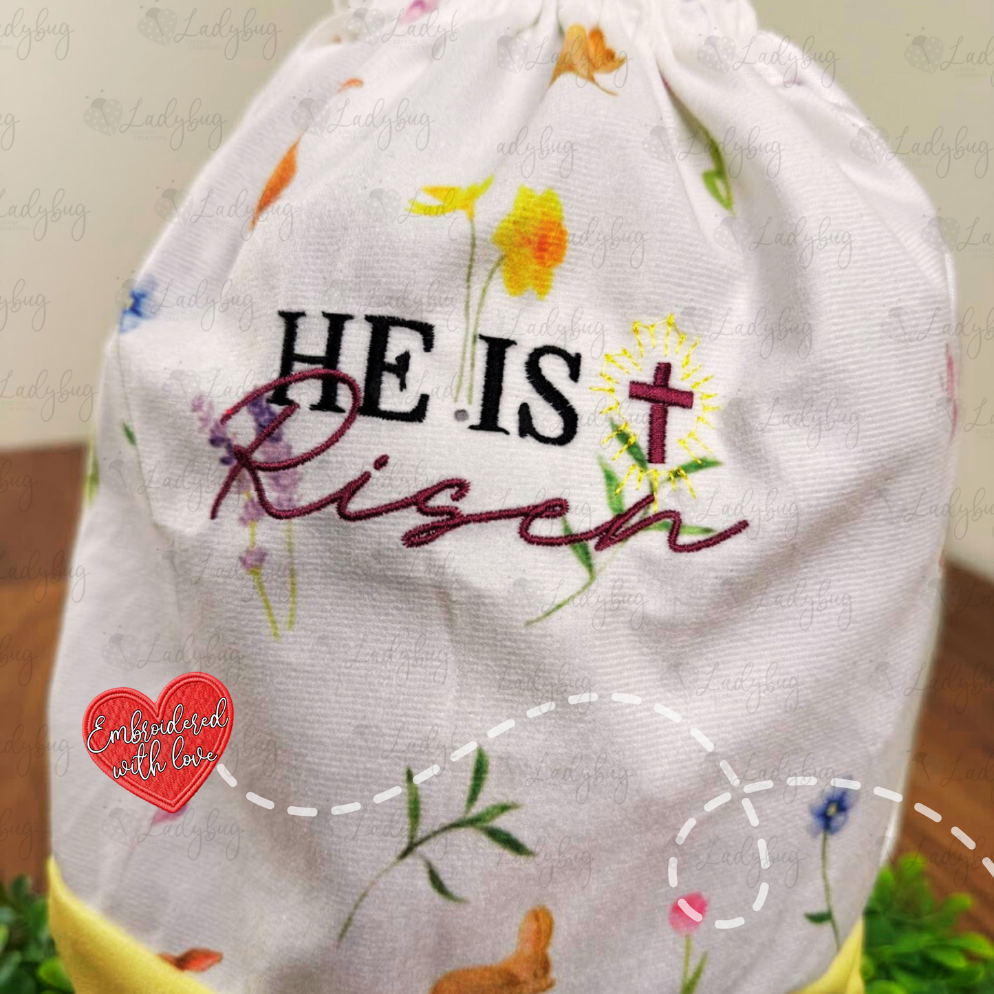 Embroidered He Is Risen Drawstring Easter Bags