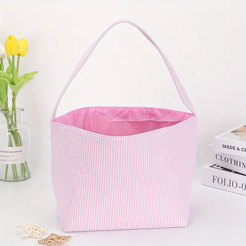 Embroidered Striped Easter Bag Basket Bucket Tote