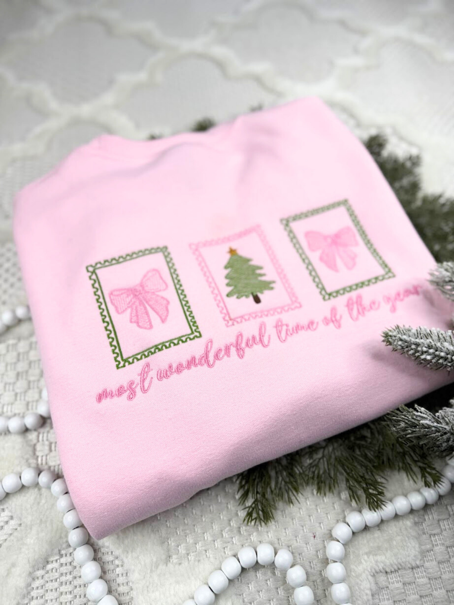 Coquette Bow Christmas Sweatshirt – Pink Bow Embroidered Postage Stamp Crewneck