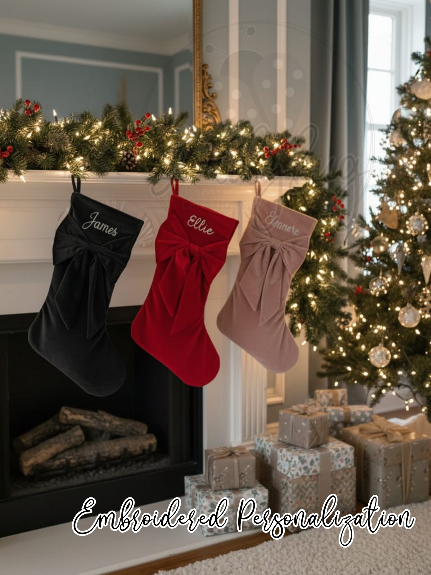 Velvet Bow Personalized Christmas Stocking - Embroidered