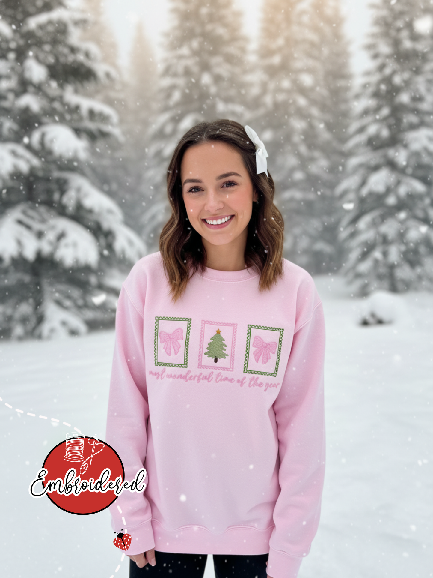 Coquette Bow Christmas Sweatshirt – Pink Bow Embroidered Postage Stamp Crewneck