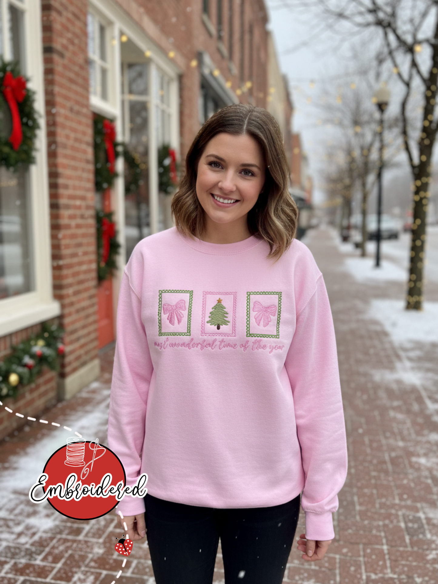 Coquette Bow Christmas Sweatshirt – Pink Bow Embroidered Postage Stamp Crewneck