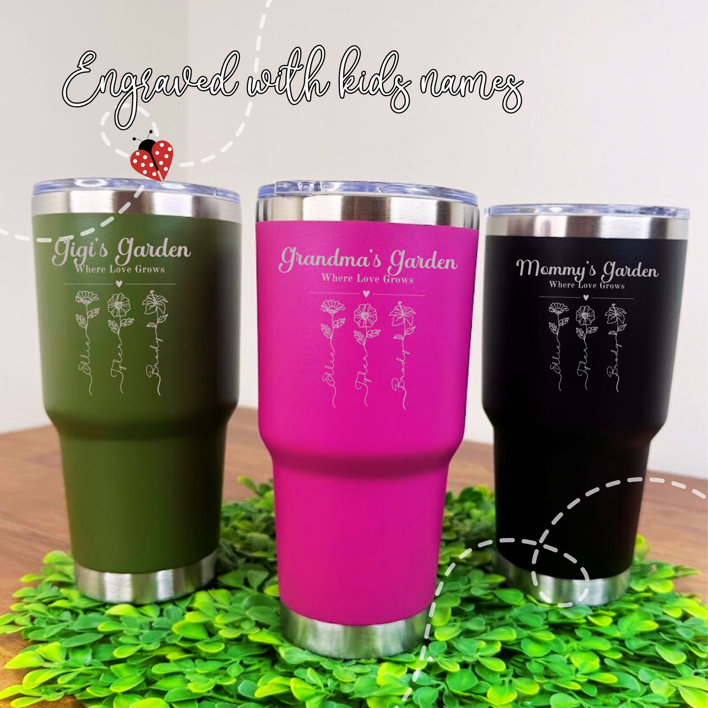 Personalized Mother’s Day Tumbler | 30oz Laser Engraved "Mama's Garden" or "Grandma's Garden" | Custom with Kids' Names | Gift for Mom or Grandma