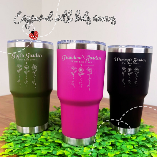 Personalized Mother’s Day Tumbler | 30oz Laser Engraved "Mama's Garden" or "Grandma's Garden" | Custom with Kids' Names | Gift for Mom or Grandma