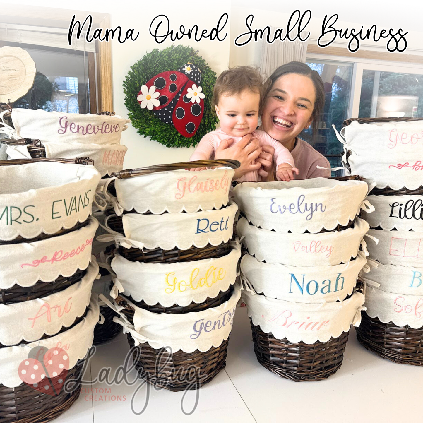 Personalized Embroidered Wicker Easter Basket - with Scallop Linen Liner