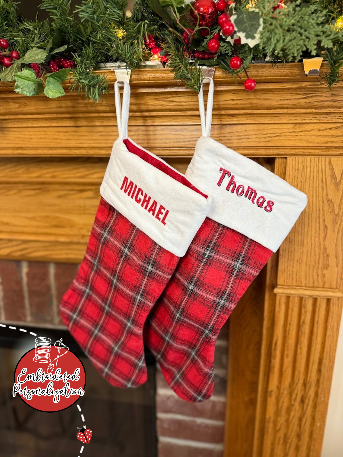 Red Plaid with White Cuff Personalized Christmas Stocking - Embroidered