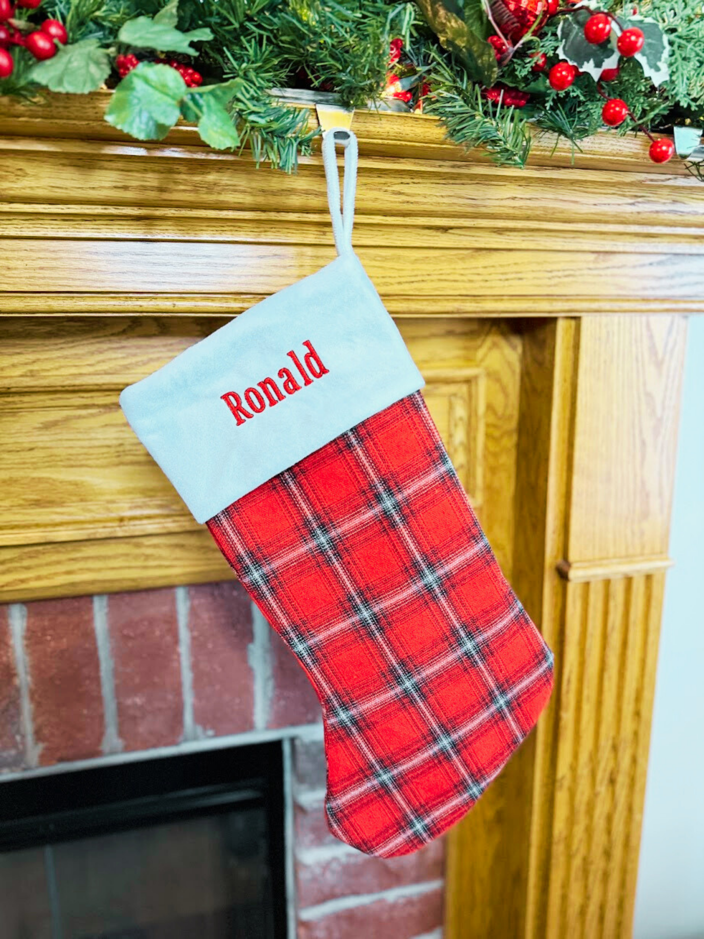 Red Plaid with White Cuff Personalized Christmas Stocking - Embroidered