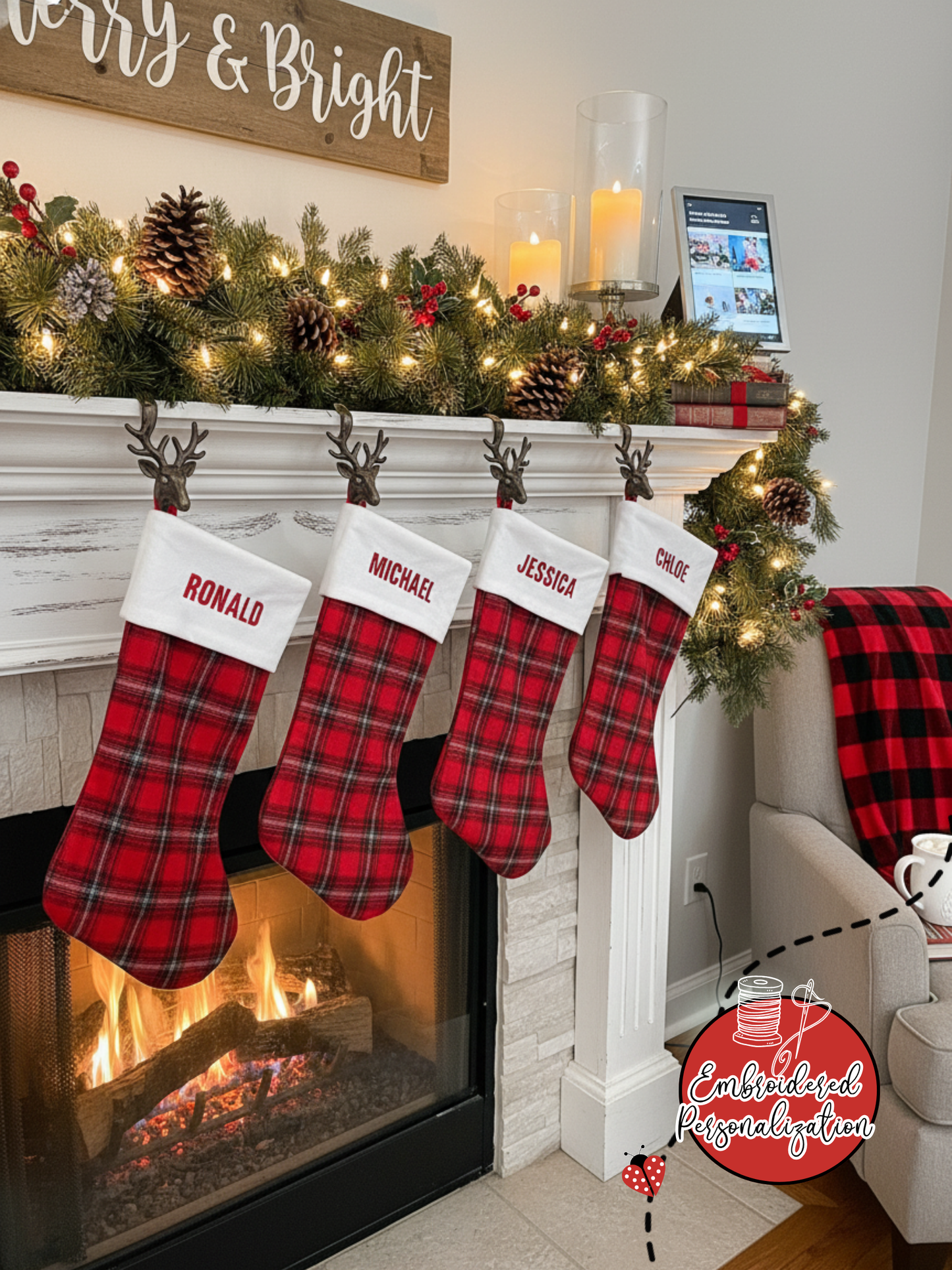 Red Plaid with White Cuff Personalized Christmas Stocking - Embroidered
