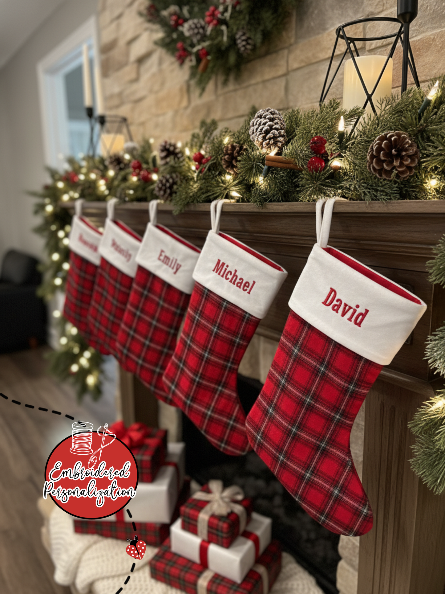 Red Plaid with White Cuff Personalized Christmas Stocking - Embroidered