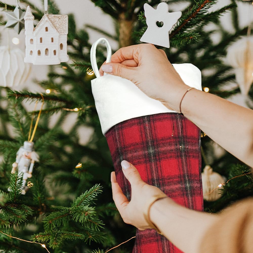 Red Plaid with White Cuff Personalized Christmas Stocking - Embroidered