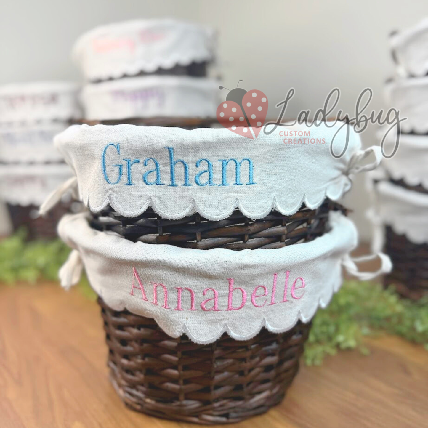 Personalized Embroidered Wicker Easter Basket - with Scallop Linen Liner