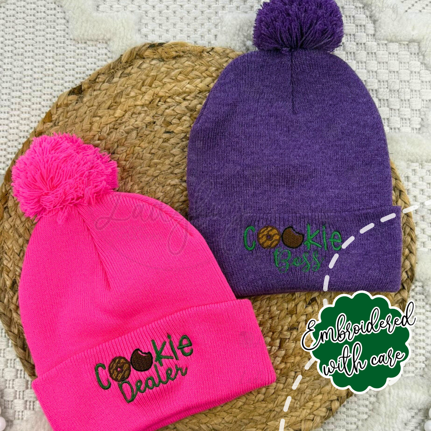 cookie boss hat
cookie dealer beanie
cookie season hat
cookie seller beanie
embroidered beanie
kids winter hat
fundraiser apparel
girl cookie seller
pom pom beanie
youth beanie
cookie booth outfit
embroidered hat
cookie season gear