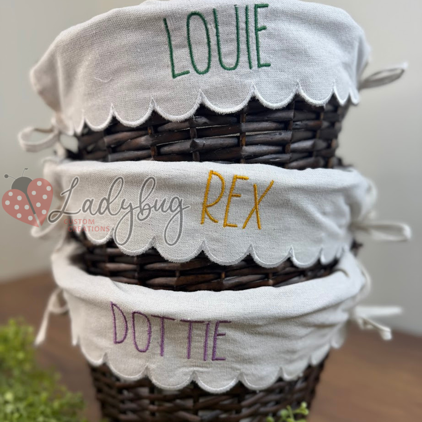 Personalized Embroidered Wicker Easter Basket - with Scallop Linen Liner