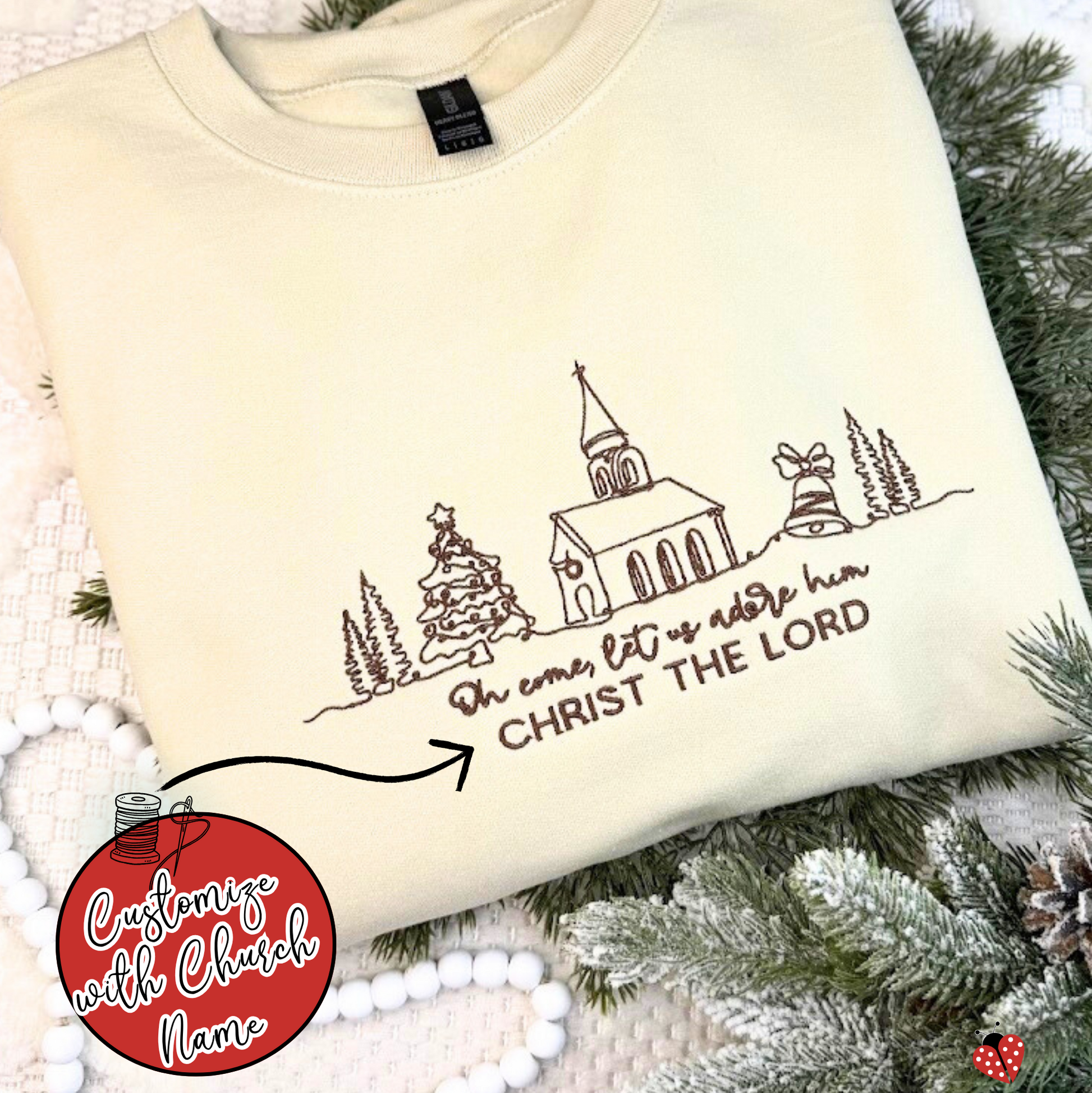 customizable embroidered Christian sweatshirt with snowy church scene

model wearing winter church embroidery with custom text option

close-up embroidery of snow-covered chapel and pine trees

religious Christmas sweatshirt showing custom church name option

custom church group holiday sweatshirt embroidery detail

flat lay of personalized Christian Christmas sweatshirt

high-quality embroidered winter scene with customizable text

faith-based holiday sweater with embroidered church design
