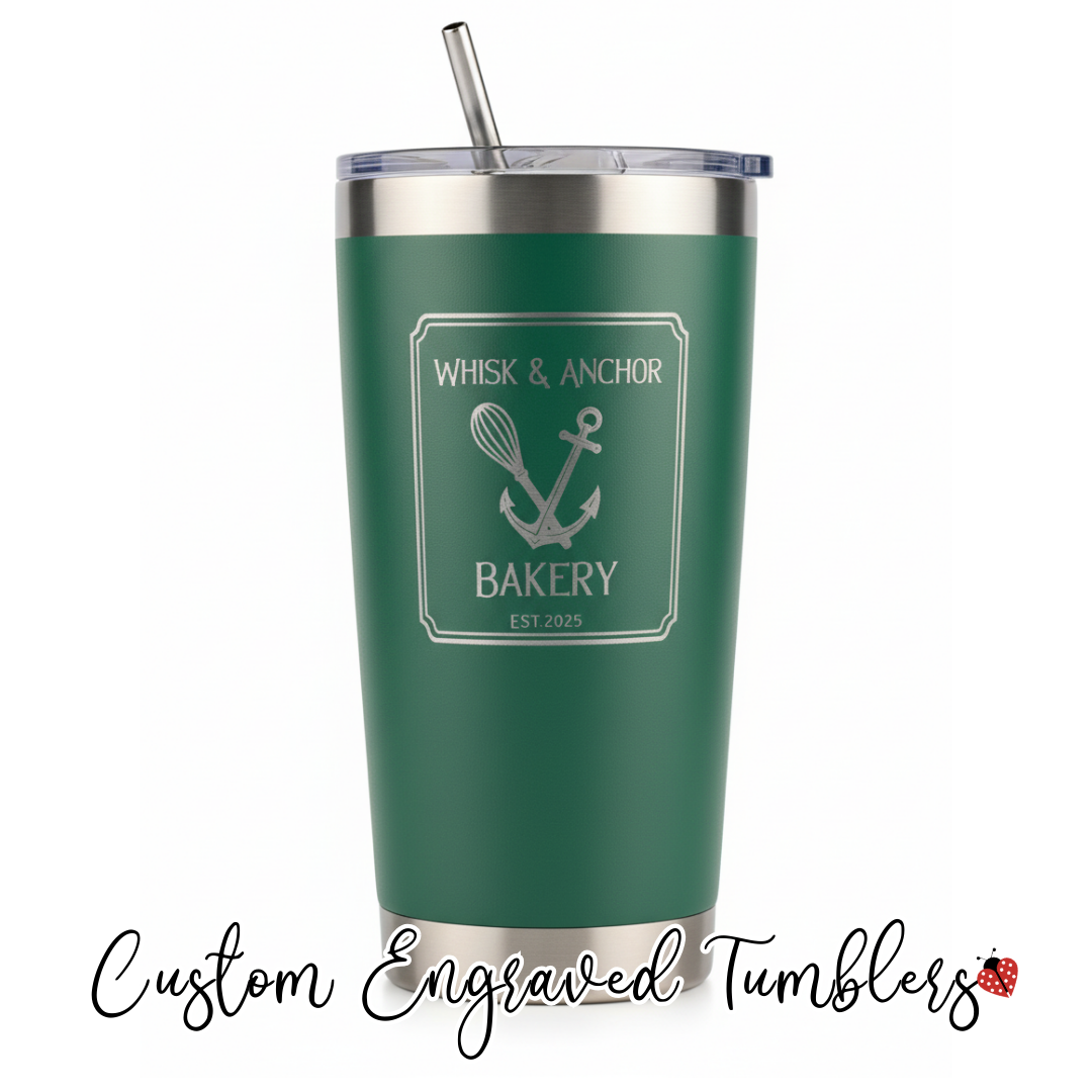 20oz custom laser engraved tumbler in multiple colors with personalized name option

Engraved logo tumbler showing permanent stainless steel engraving detail

Bulk custom tumblers – 8-pack engraved with business logo

Color lineup of personalized 20oz tumblers for corporate or team gifts

Close-up of vertical name engraving on stainless steel insulated tumbler

Waukesha small business offering custom engraved drinkware