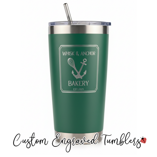 20oz custom laser engraved tumbler in multiple colors with personalized name option

Engraved logo tumbler showing permanent stainless steel engraving detail

Bulk custom tumblers – 8-pack engraved with business logo

Color lineup of personalized 20oz tumblers for corporate or team gifts

Close-up of vertical name engraving on stainless steel insulated tumbler

Waukesha small business offering custom engraved drinkware