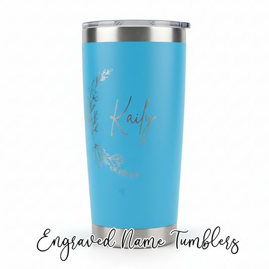 – “20oz custom name engraved tumbler in pastel blue with modern font on white background”
– “Laser engraved name on stainless steel insulated tumbler close-up view”
– “Custom name tumblers in multiple colors for personalized gifts”
– “Vertical name engraving on 20oz tumbler in white”