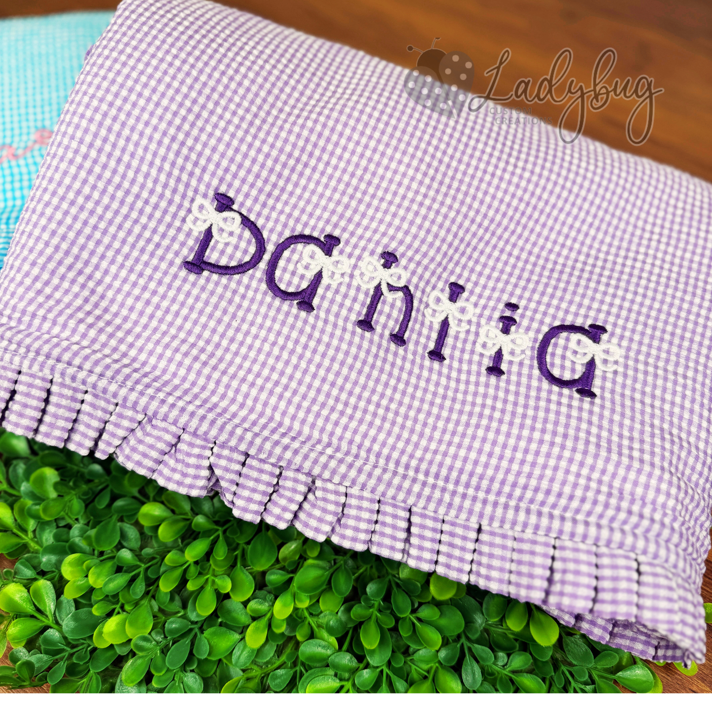 Personalized Seersucker Ruffle Kids Beach Towel, Custom Name Cotton Summer Pool Towel