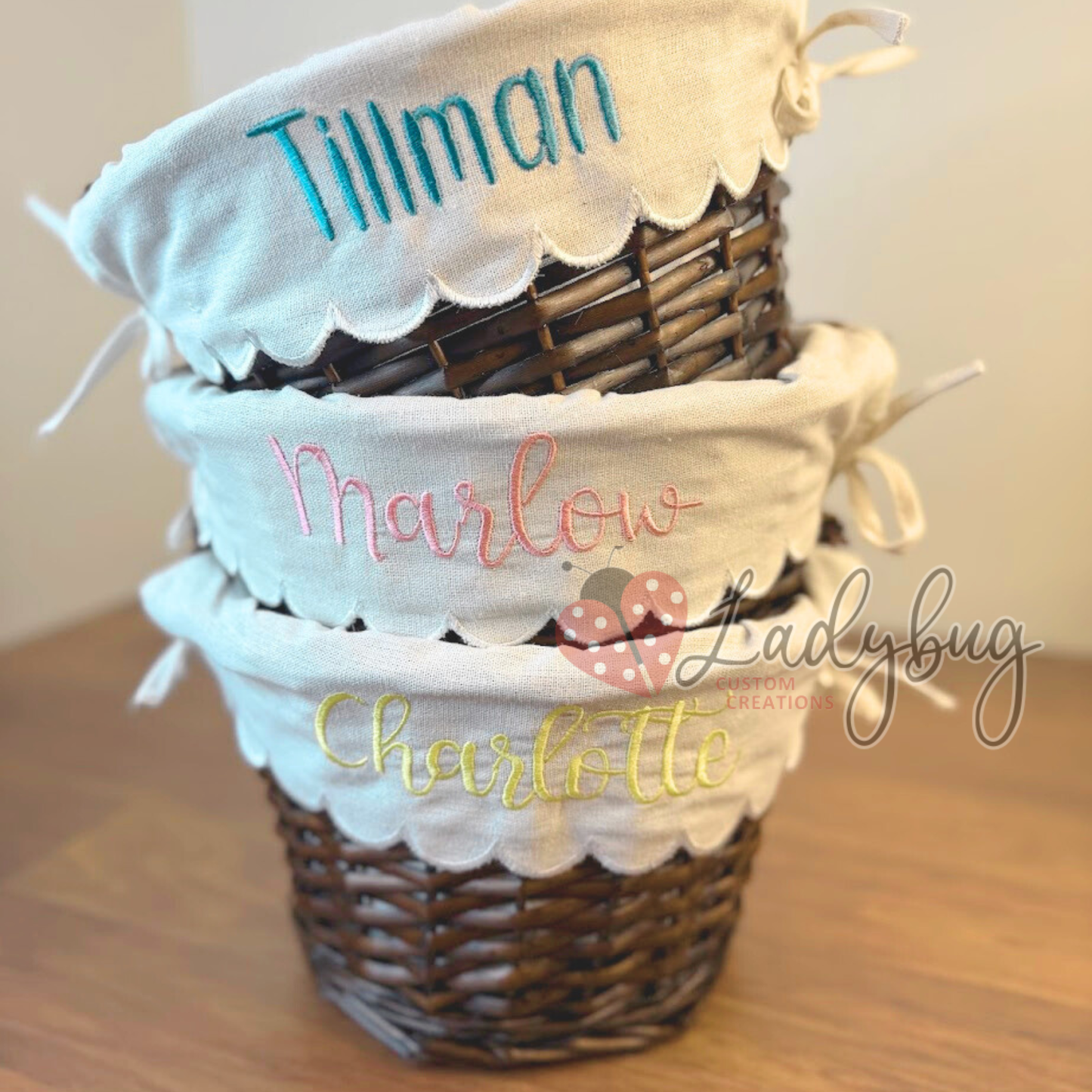 Personalized Embroidered Wicker Easter Basket - with Scallop Linen Liner