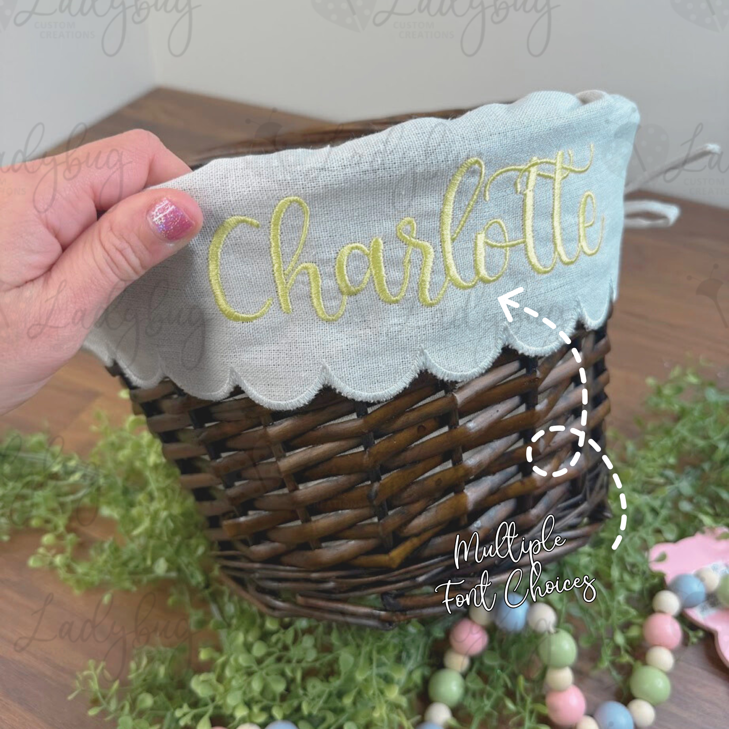 Personalized Embroidered Wicker Easter Basket - with Scallop Linen Liner