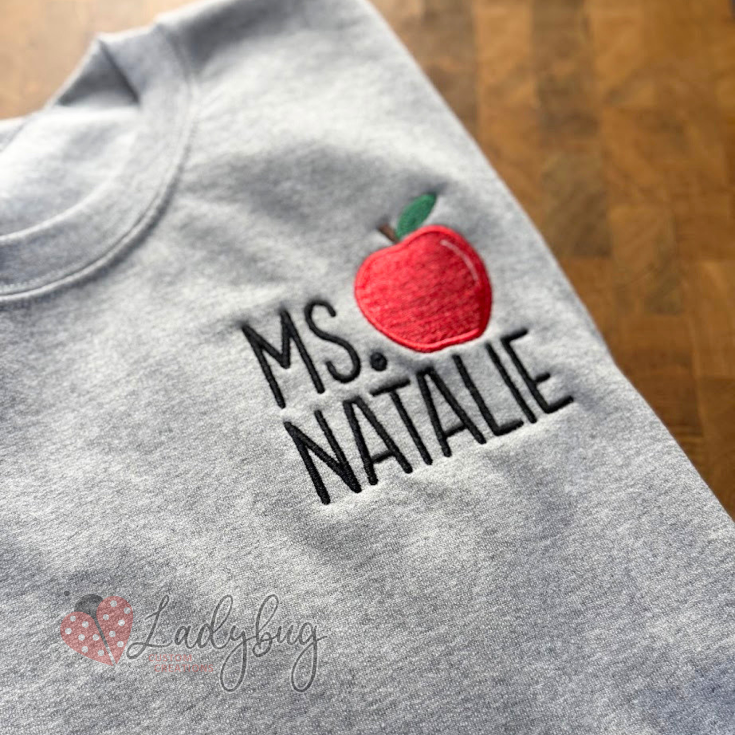 Embroidered Teacher Name Crewneck with Apple