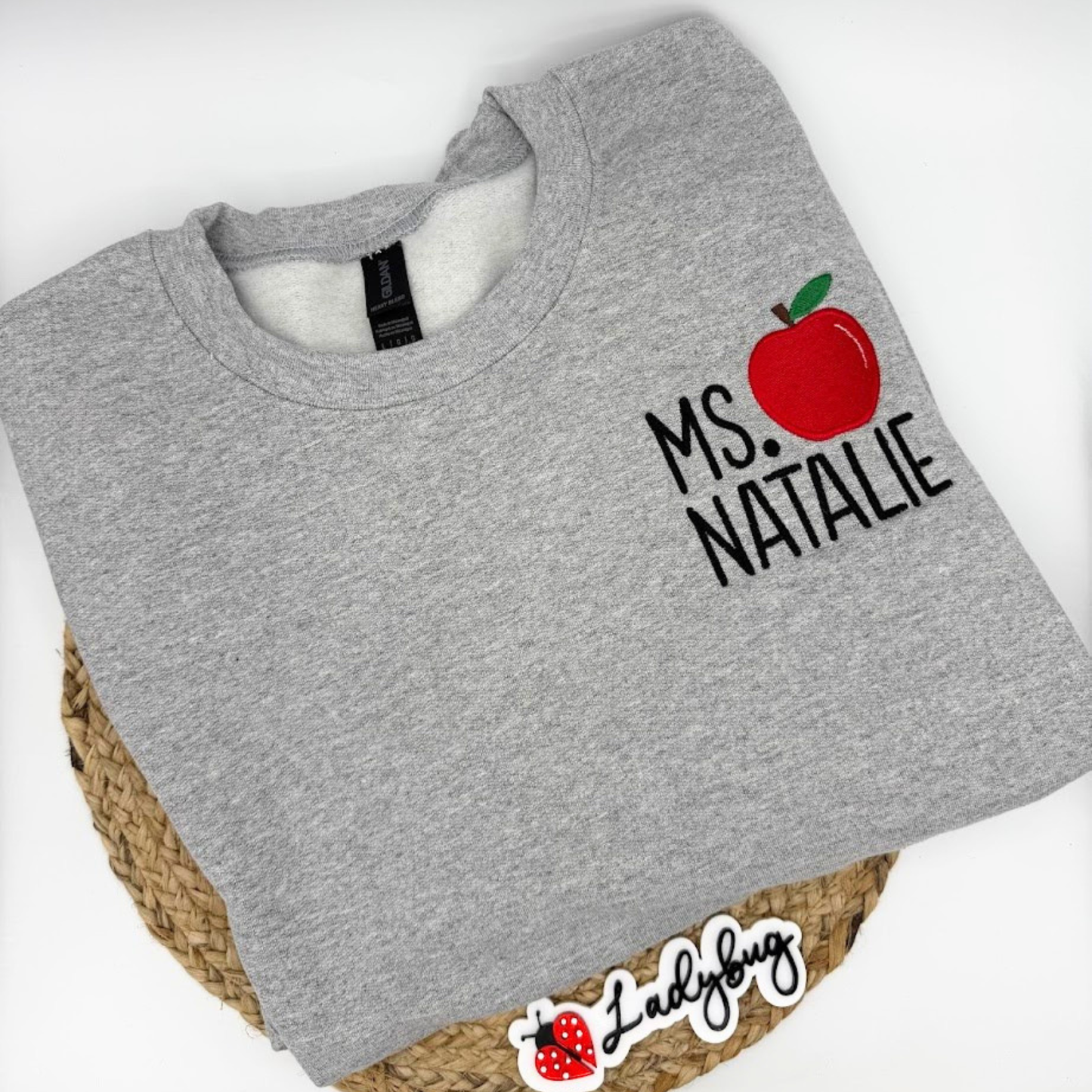 Embroidered Teacher Name Crewneck with Apple
