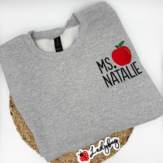 Embroidered Teacher Name Crewneck with Apple