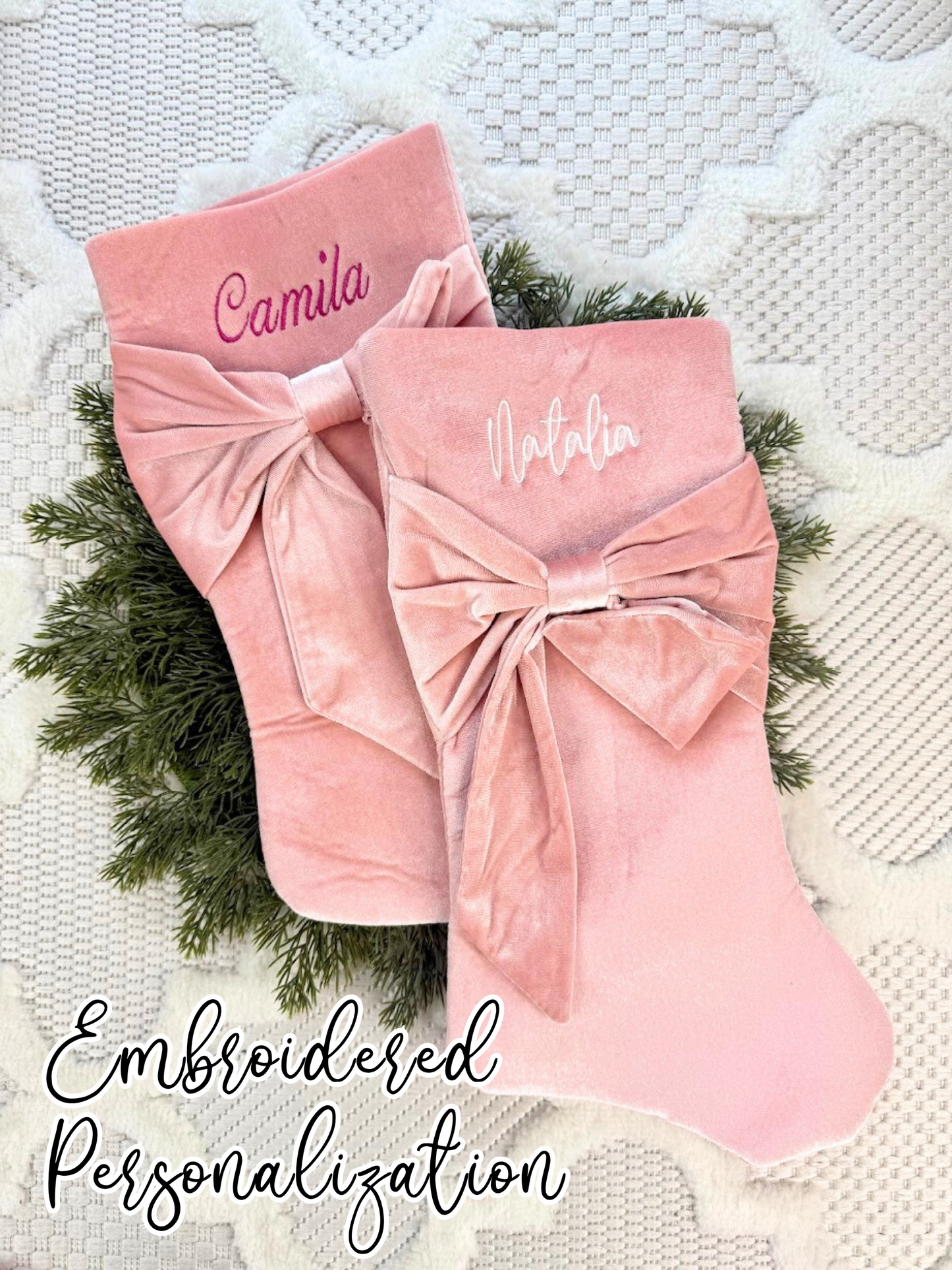 Pink Velvet Bow Personalized Christmas Stocking - Embroidered