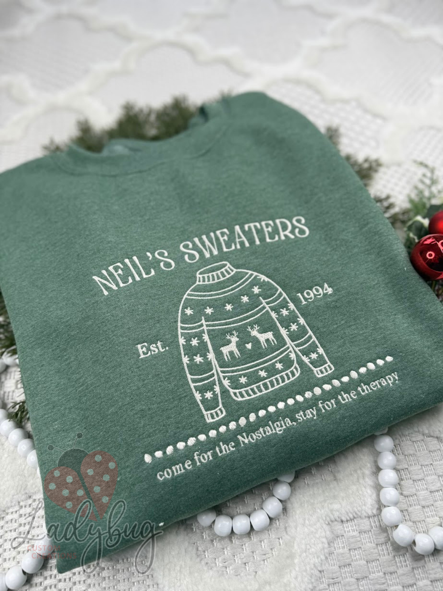 Neil’s Sweaters Embroidered Sweatshirt, Nostalgic Ugly Sweater Crewneck,  Holiday Movie Inspired Gift