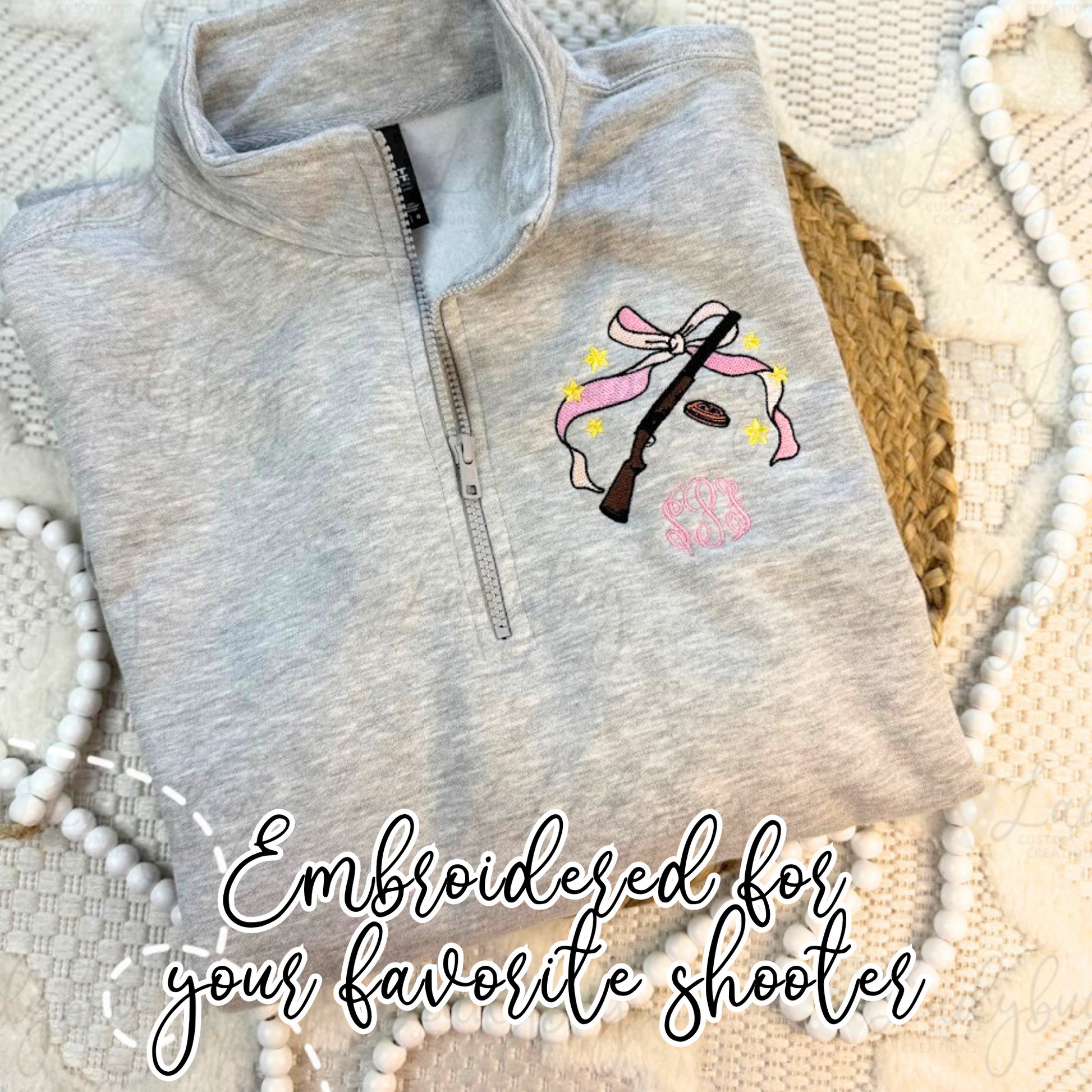 clay shooting sweatshirt, women’s shooting sports apparel, embroidered clay target top, shotgun sweatshirt for women, monogram shooting sportswear, sporting clays skeet trap sweatshirt, personalized shooter gift