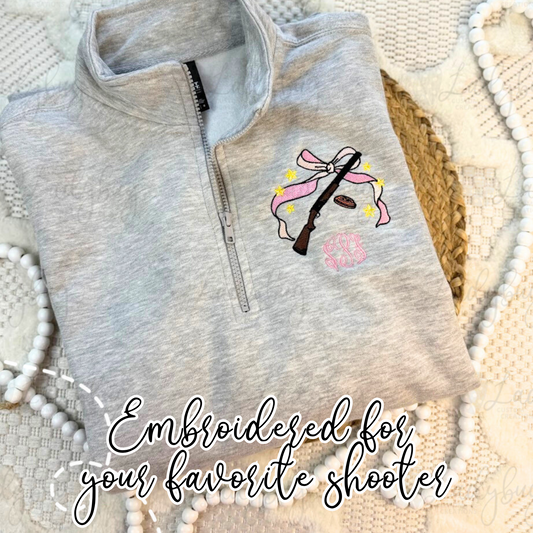 clay shooting sweatshirt, women’s shooting sports apparel, embroidered clay target top, shotgun sweatshirt for women, monogram shooting sportswear, sporting clays skeet trap sweatshirt, personalized shooter gift