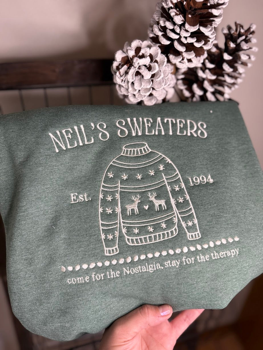 Neil’s Sweaters Embroidered Sweatshirt, Nostalgic Ugly Sweater Crewneck,  Holiday Movie Inspired Gift