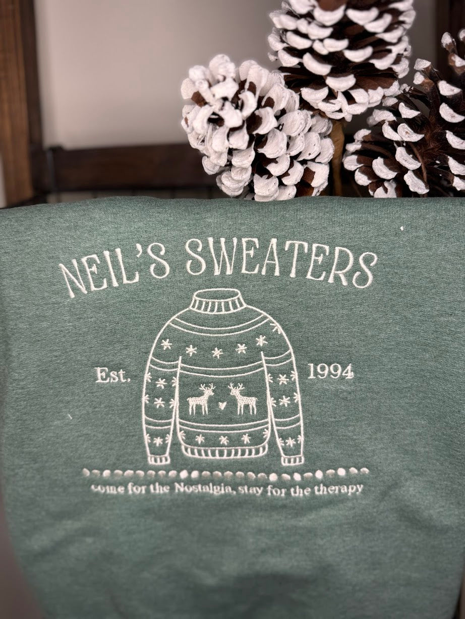 Neil’s Sweaters Embroidered Sweatshirt, Nostalgic Ugly Sweater Crewneck,  Holiday Movie Inspired Gift