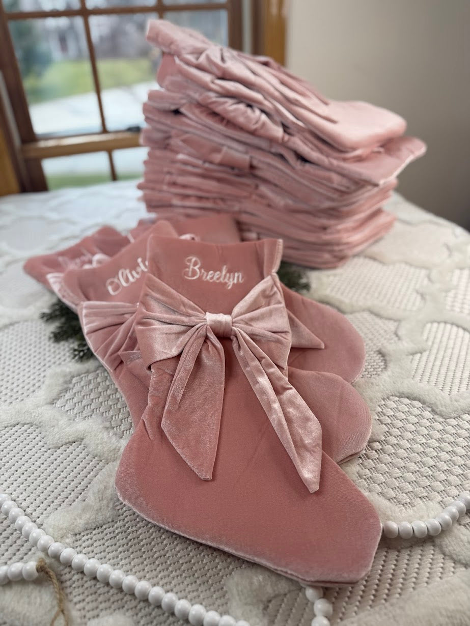 Pink Velvet Bow Personalized Christmas Stocking - Embroidered