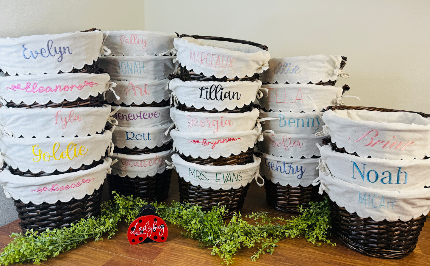 Personalized Embroidered Wicker Easter Basket - with Scallop Linen Liner